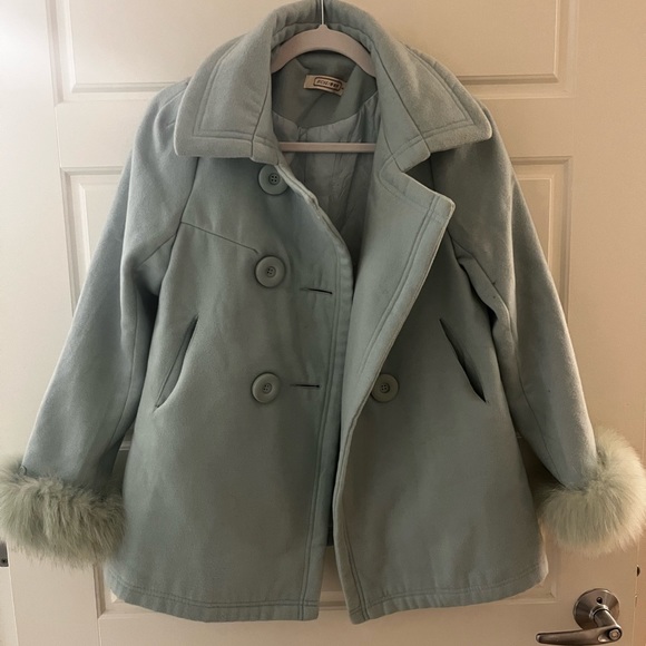 Stunning Light Blue Peacoat with Fuzzy Trim Size XS/S - Picture 2 of 3